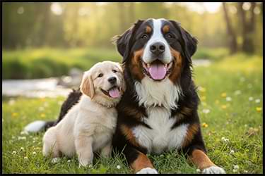 גור גולדן רטריבר מתחבק עם כלב שוויצרי בוגר