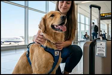 כלב גולדן ריטריבר מחייך ובעליו המאושרים נחים בנמל התעופה לאחר נחיתה מוצלחת, עם תג מטען של חברת הטסת חיות המחמד Pets2Fly.
