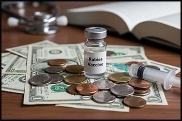 בקבוקון חיסון כלבת מוקף בכסף מזומן ומטבעות על שולחן וטרינרי