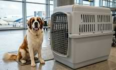 כלב סן ברנרד לצד כלוב הטסה גדול מאושר IATA בשדה התעופה