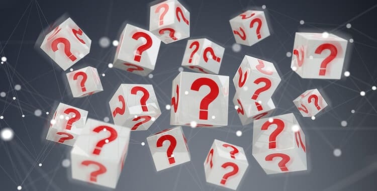 White cubes with 3D rendering red question marks