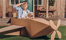 Boy saluting with puppy in cardboard airplane