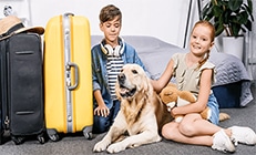 רילוקיישן עם כלב - ילד וילדה יושבים עם הכלב שלהם ליד מזוודות