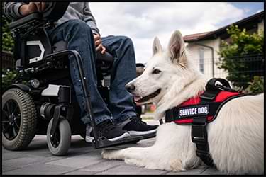 A service dog sits next to its owner