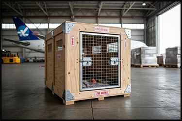 A heavy-duty IATA CR82 compliant wooden pet travel crate inside an aircraft hanger