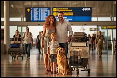 משפחה מאושרת עם כלב בשדה התעופה לאחר הנפקת תעודת בריאות עם Pets2Fly