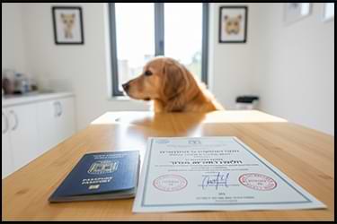 דרכון כחול ותעודת בריאות וטרינרית רשמית לצד כלב גולדן רטריבר