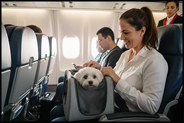 אישה מחייכת במושב מטוס מלטפת בחיבה כלב לבן קטן, הנמצא בתוך תיק נשיאה אפור המונח על ברכיה.